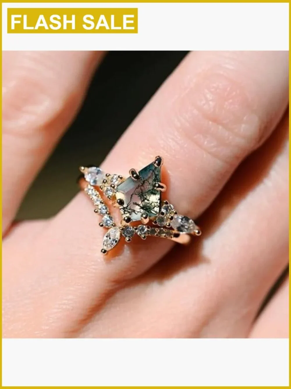 Moss Agate Kite Cut Ring Set 925 Sterling Silver 2-Piece Bridal Set
